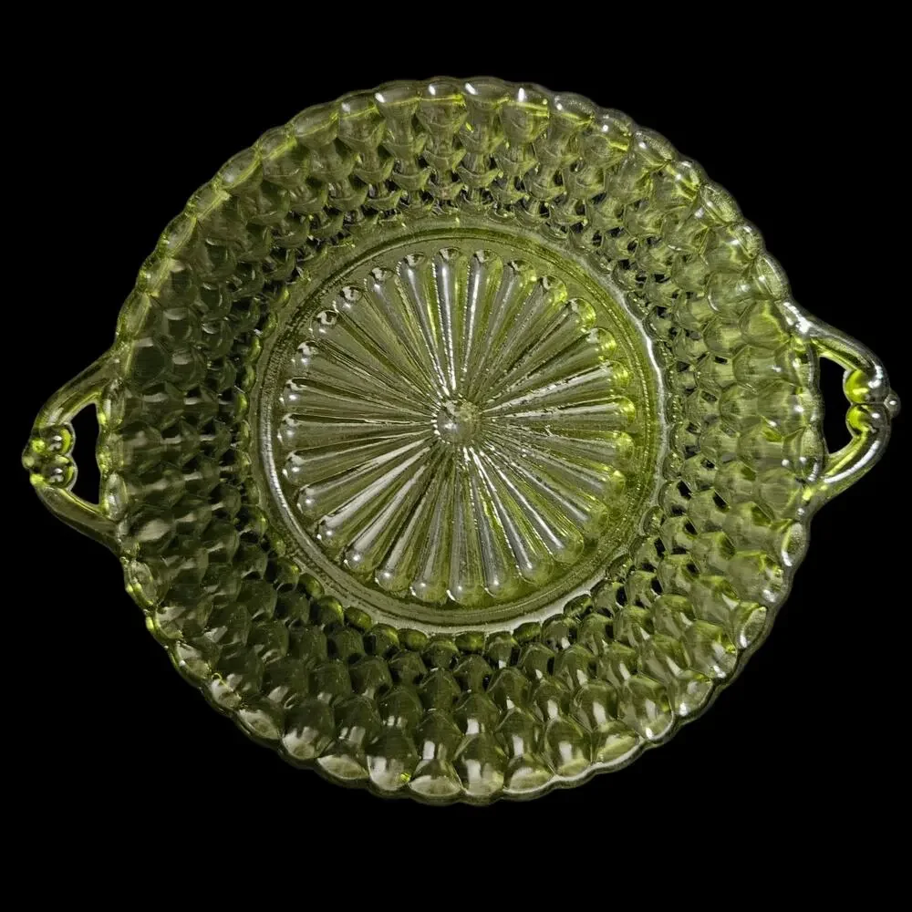 Vintage Olive Green Pressed Glass Handled Serving Bowl Dish Centerpiece
